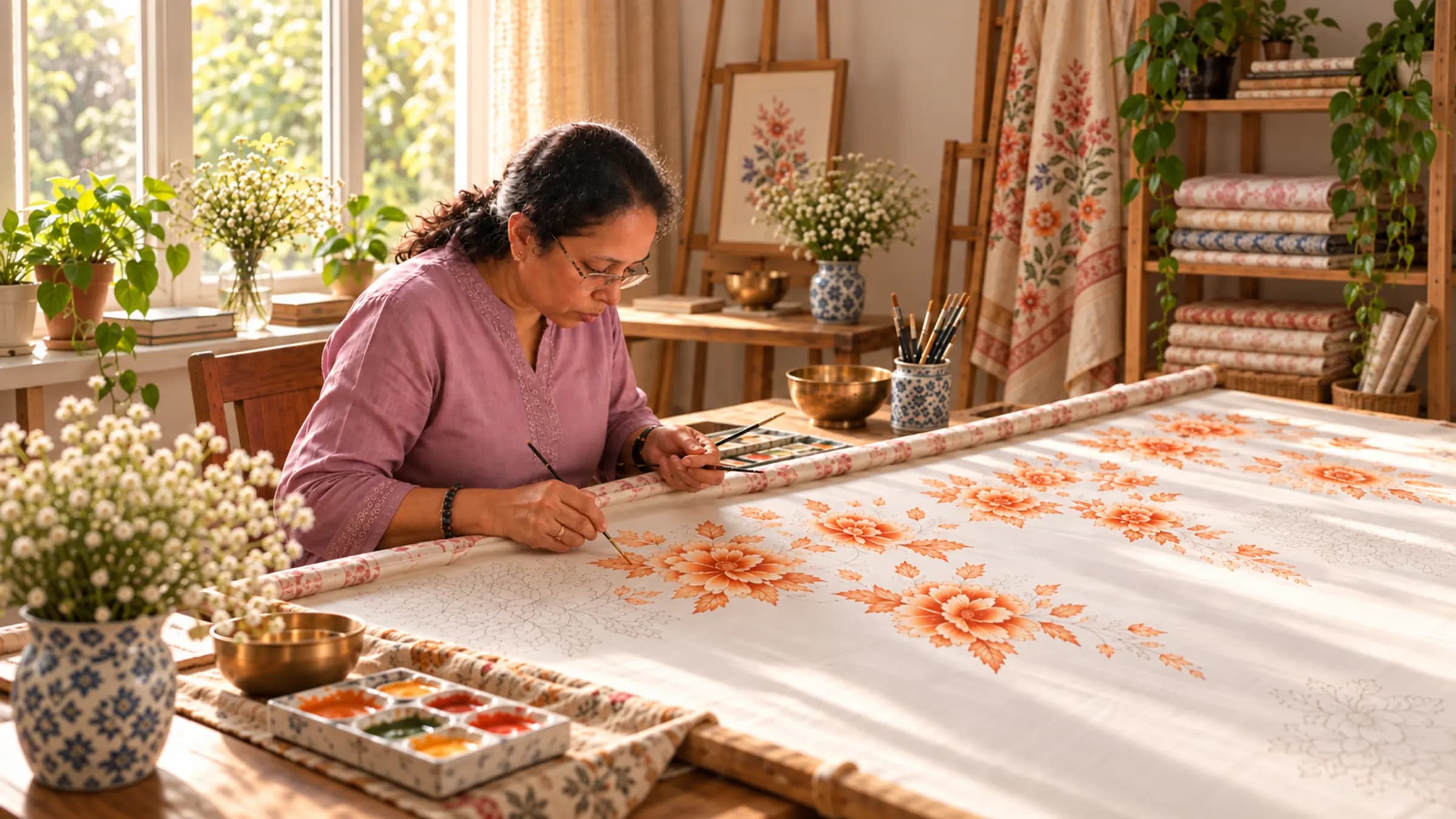 Artist painting silk